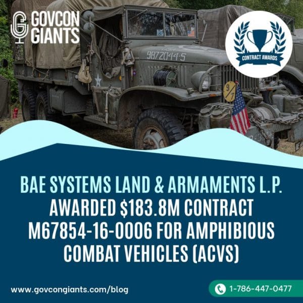 BAE Systems Land & Armaments L.P. awarded $183.8M contract M67854-16-0006 for Amphibious Combat Vehicles (ACVs)