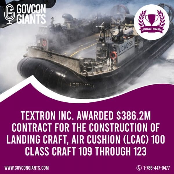 Textron Inc. awarded $386.2M contract for the construction of landing craft, air cushion (LCAC) 100 Class Craft 109 through 123